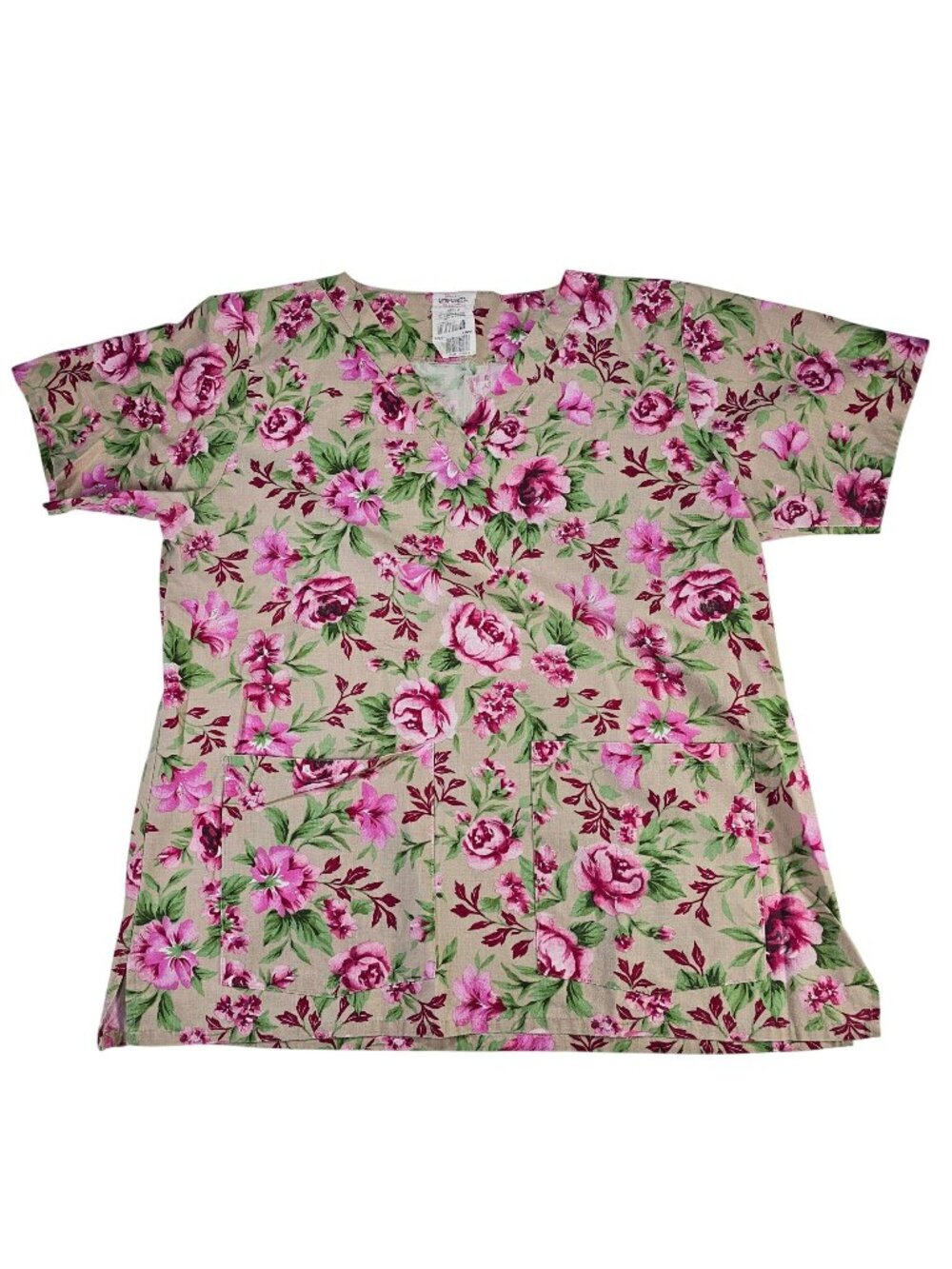 Jasco Scrub Shirt Top Women's Size M Medium - Beige w/ Pink Rose Floral Print
